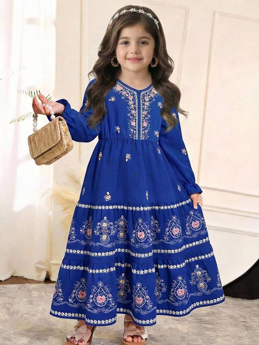 SHEIN 少女碎花V领长袖荷叶边连衣裙 - 彩色 - 查看 1