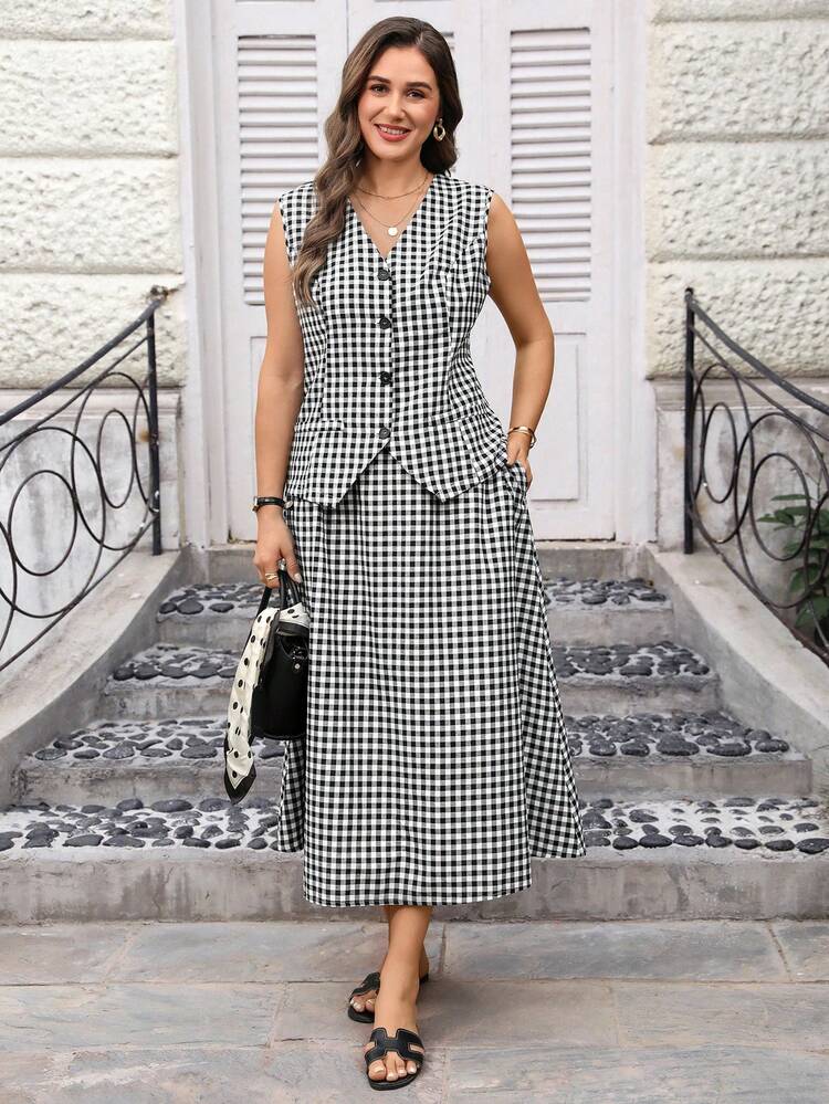 2pc Set Plus Size Women's Summer Casual Vacation  Black And White Plaid Sleeveless Vest Jacket And Skirt 2 Piece Set With Pockets, Summer Holiday,Spring Break Outfits ,Vacation Outfits Women ,Holiday Outfits For Women,Going Out Outfits,2026 New Clothes,Simple And Fashionable For Everyday Wear,Summer Skirt Sets, Summer Outfit Set For Women, Skirts Sets,Suitable For Summer, Vacation, Commute, Daily Wear