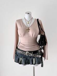 Sunspun Camiseta de manga larga con cuello en V sólido y estilo vintage romántico para mujer de talla grande, camiseta de manga larga regular, camiseta ajustada con pliegues a la moda, adecuada para uso diario, temporada de vuelta al colegio, diseño de cintura, apropiada para la oficina, fiestas de solteros, ir y venir, casual, reuniones con la novia, campus, diversos estilos universitarios, primavera, verano, otoño - Albaricoque - Ver 3