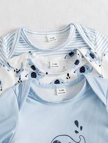 SHEIN Playful Pals 3 Pack Baby Boys Cute Casual Outfits Cartoon Elephant Animal Graphic Print Blue White Striped Pattern Solid Color Long Sleeve Envelope Neck Bodysuits Romper One Piece Jumpsuit Tops Soft Stretchy Infant Daily Playwear Clothes Shower Gift Spring Autumn - Baby Blue - View 7