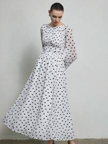 Aveloria Modichic 优雅甜美褶皱雪纺波点印花长袖连衣裙/随机印花 - 黑與白 - 查看 6