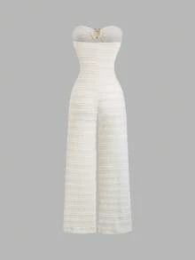 Sweetra Tuta aderente color albicocca da donna con decorazione fibbia metallica, look alla moda da ragazza americana, tuta elegante per cerimonie primavera/estate come matrimoni, abiti da ospite per donne, tuta estiva coordinata - Albicocca - Visualizzare 2