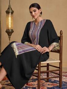 Al Najma Women's New Style Embroidery Pattern Print Gold Sequin Lace Applique Ribbon Decor 3/4 Sleeve V-Neck Tassel Cutout Tunic Top, Black, Spring/Summer - Black - View 1