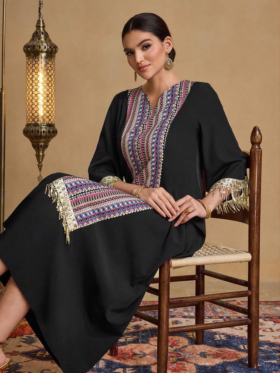 Al Najma Women's New Style Embroidery Pattern Print Gold Sequin Lace Applique Ribbon Decor 3/4 Sleeve V-Neck Tassel Cutout Tunic Top, Black, Spring/Summer - Black - View 1