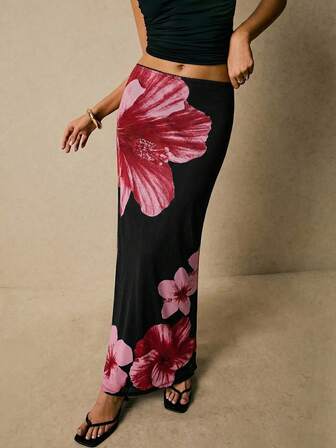 Poéselle 女士网纱印花长裙 黑色裙子 优雅女士度假印花优雅裙子 夏季女士下装 乡村音乐会音乐节女士沙滩装 Y2K风格长裙