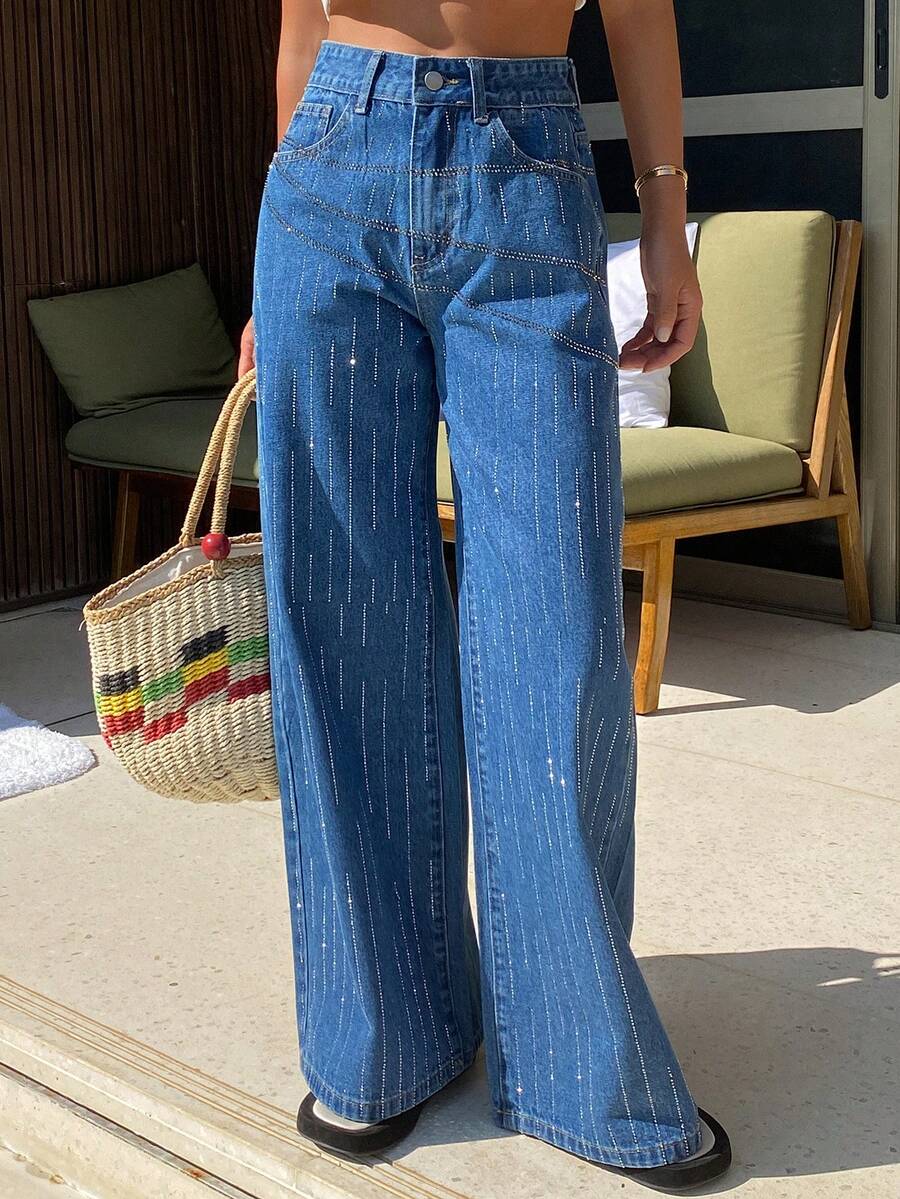 DAZY Women's Regular Waist Rhinestone Embellished Loose Straight Leg Casual Jeans - Medium Wash - View 1