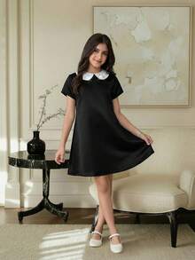 SHEIN Tween Girls Black & White Contrast Collar A-Line Dress, Cute & Sweet For Casual, Holiday, Party Wear - Black and White - View 5