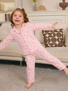 两件套女童碎花柔软舒适长袖睡衣套装，包含长裤和上衣 - 彩色 - 查看 4