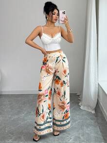 SHEIN Elenzya High Waist Floral Print Wide Leg Pants With Ruffle Hem, Loose Relaxed Fit Vacation Style - Light Yellow - View 5