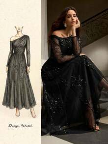 ZEYLAH Sequin Asymmetric Waist Maxi Dress, Autumn/Winter - Black - View 7