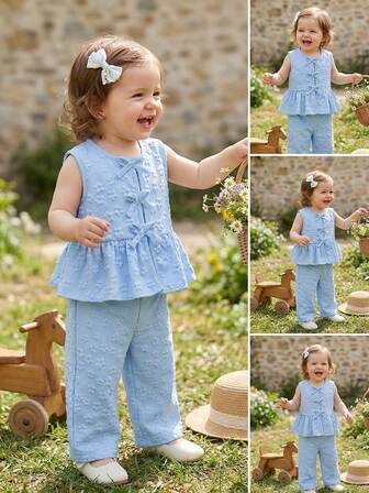 Souflis Souflis 2件套女婴幼儿/新生儿0-3岁春夏休闲甜美日常度假条纹梭织无袖上衣和阔腿裤两件套