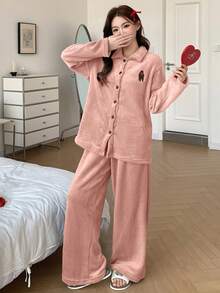 DAZY 2 Stücke/Set Plüschbär Muster bestickte Dekoration Damen Pyjama Set, Winter - Pink - Übersicht 5