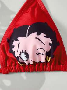 Betty Boop x SHEIN Women's Summer Vacation Beach Cartoon Pattern Halter Bikini Set And Cover-Up Top - Red - View 3