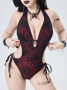 ROMWE 2026 Latest Spider Web Mesh Covered Crimson Fabric Chest Spider Pendant Accessory Necklace Design, Sexy Gothic Style Women One-Piece Swimsuit For Summer Beach, Pool Party Goth Swimsuit Gothic Swimwear Spiderweb Swimsuit Dark Aesthetic Swimwear Halter Swimsuit Red Swimsuit - Burgundy - View 4