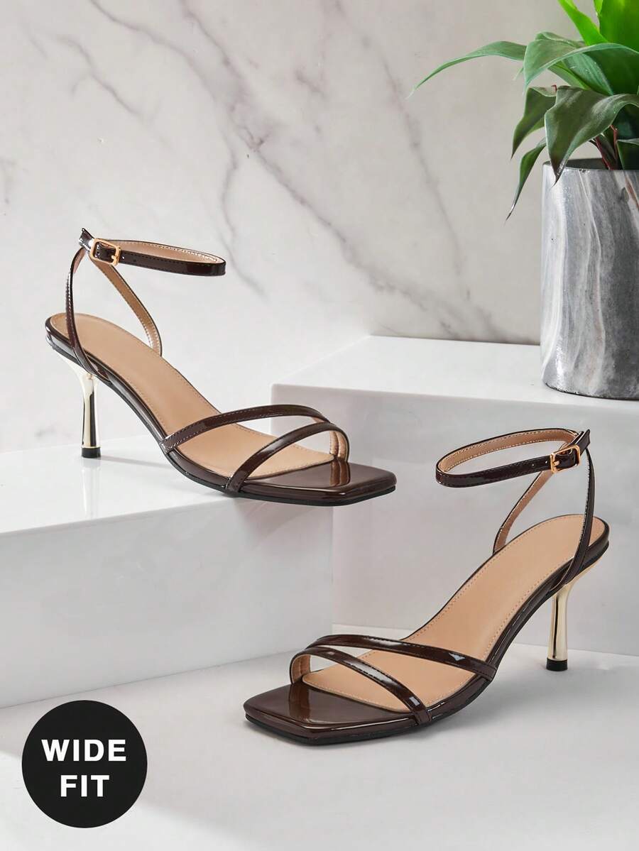 SHUZIA 女士宽楦方头性感高跟踝带搭扣凉鞋 - 棕色 - 查看 1