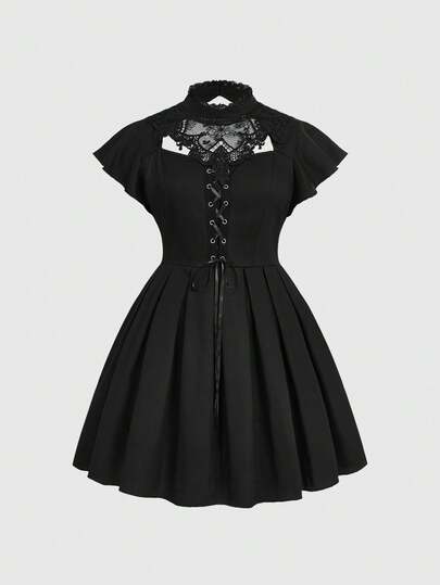 ROMWE Goth Vestido de fiesta gótico con estampado floral para tallas grandes, vestido negro