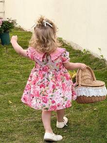 SHEIN LMoss Kids 女婴法式优雅撞色碎花泡泡袖连衣裙 - 彩色 - 查看 2