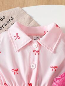 SHEIN 2-Piece Baby Girl Casual Cute Bow Pattern Dress And Single-Breasted Denim Vest Set - Multicolor - View 5