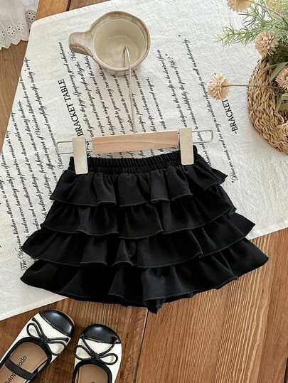 SHEIN Babygirl Summer Cute Vacation Casual Versatile Black Ruffle Elastic Waist Mini Skirt