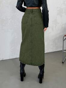 SHEIN Cottnline Women's Vintage Denim Skirt - Dark Green - View 2
