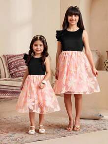 Gaun Formal Pendek Berpotongan Pas Badan Elegan dari Satin Hitam dengan Motif Jala Patchwork untuk Anak Perempuan Remaja, Gaun Midi Gala Musim Panas untuk Pesta Malam, Pernikahan, Prom, Wisuda - Hitam - View 5