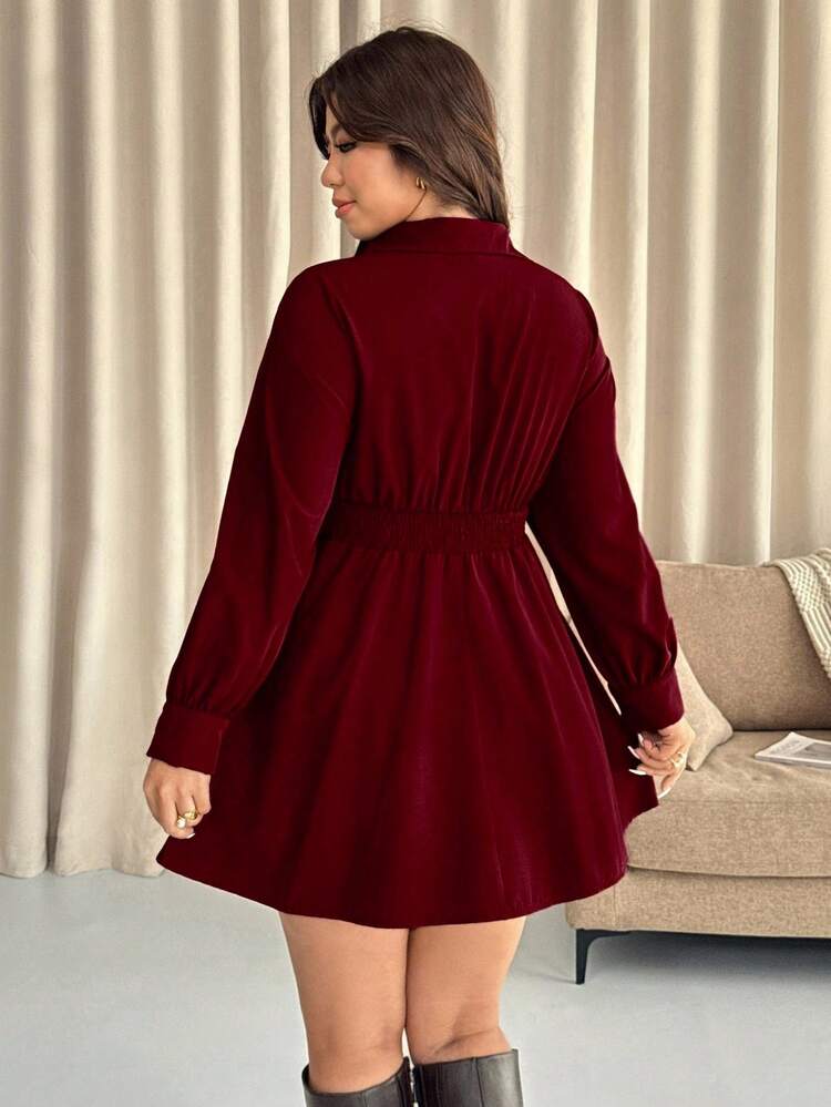 Vionelle 大码纯色收腰长袖梭织衬衫领连衣裙，秋冬款 - 酒紅色 - 查看 2