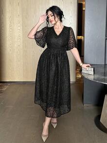 Dazy Plus Plus Size Women's Elegant Contrast Lace Waist Cinched Short Sleeve Dress, Black, Suitable For Party And Events, Spring/Summer Sundress - Black - View 5