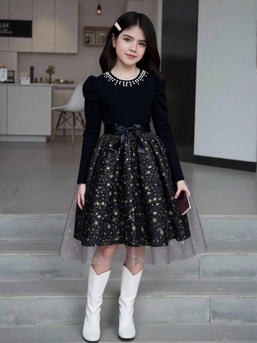 女童复古优雅连衣裙，珍珠领，泡泡袖，蝴蝶结腰带，星光网纱裙摆，适合派对、宴会和节日穿着。 - 黑色 - 查看 1