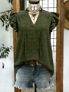 Linhara 大码梭织简约夏季度假衬衫 - 軍綠色 - 查看 5