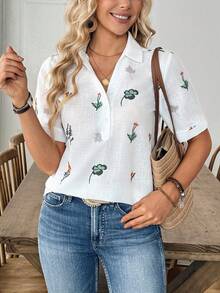 Louniche 标准尺码女士休闲印花简约短袖衬衫 - 白色 - 查看 3