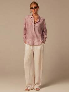 COSMINA 女士优雅落肩长袖纽扣休闲衬衫，精致刺绣面料，休闲女式衬衫，春夏衬衫，度假女式衬衫，粉色长袖优雅衬衫，适合所有季节 - 粉色 - 查看 3