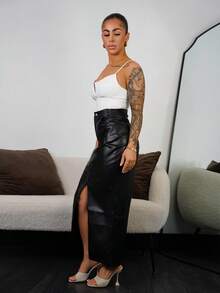 SAYEHFBABY 高腰高衩PU皮革半身裙 - 黑色 - 查看 4