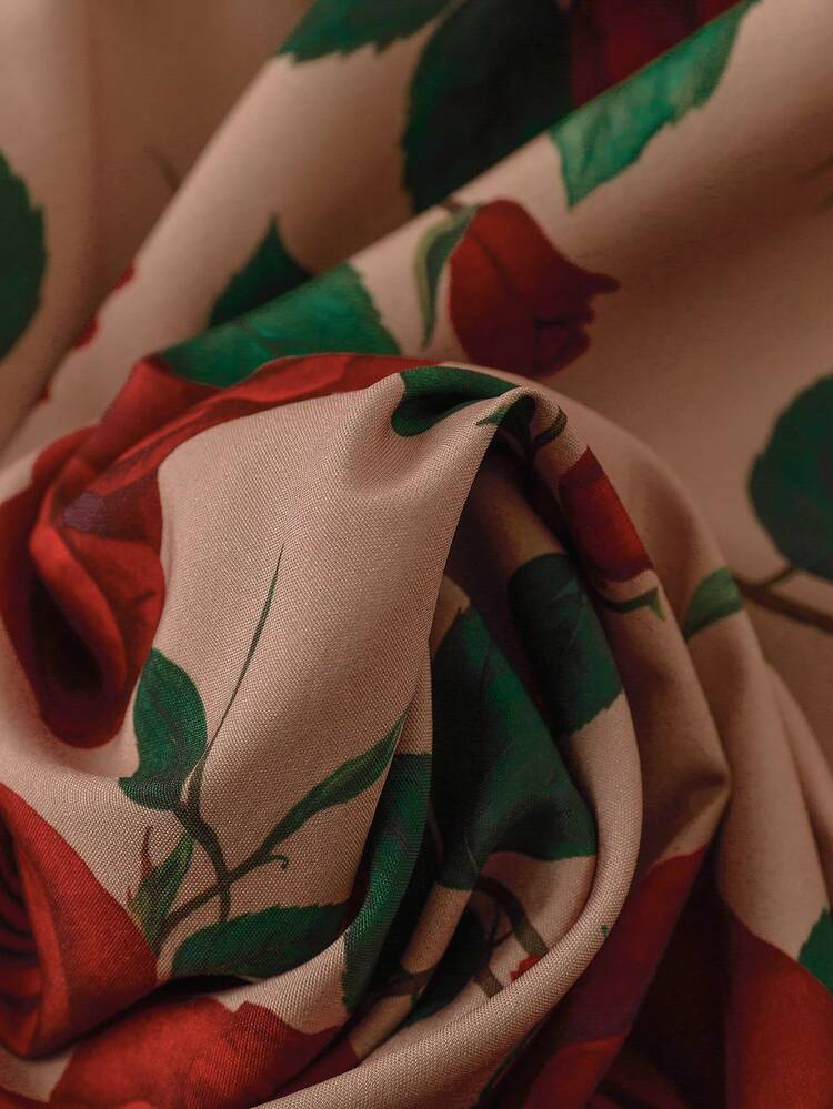 SHEIN LUNE Plus Size Women's Vintage Brown Rose Ruffle Double Layer Loose Casual Vacation Shirt - Multicolor - View 3