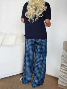 Dream Adore Bộ đồ ngủ tay ngắn in họa tiết kẻ caro thường ngày dành cho nữ - Màu xanh hải quân - Xem 2
