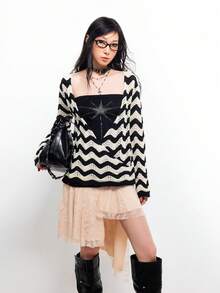 Bloopia 女士条纹长袖交叉前襟针织上衣，春夏款 - 黑色 - 查看 4