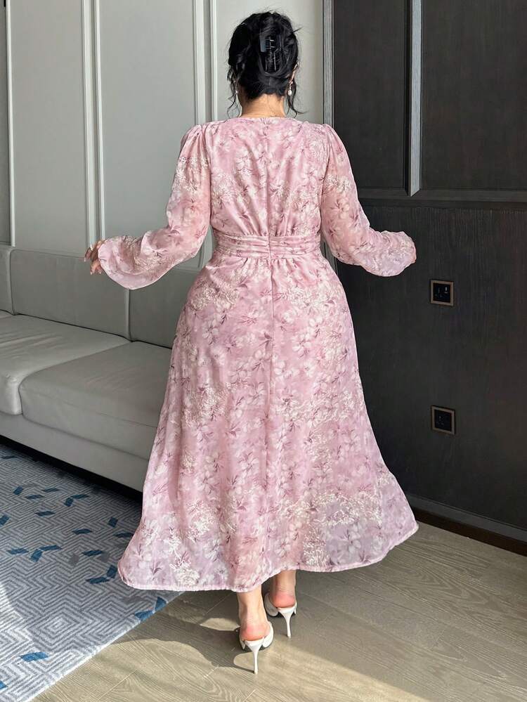 Dazy Plus Plus Size Ditsy Floral Chiffon Lantern Sleeve Waist Cinched Maxi Dress, Elegant Resort Style, Spring/Summer Sundress