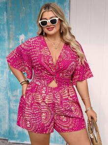Vivid Eden Bộ jumpsuit dáng chữ A in họa tiết phong cách Bohemian, cổ chữ V, eo xoắn, xếp ly, cỡ lớn dành cho nữ, thích hợp cho mùa xuân/hè. - Màu Hồng Tươi - Xem 6