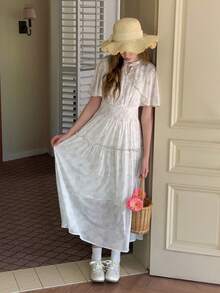 DAZY 少女夏季度假风印花斗篷袖收腰连衣裙