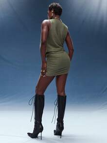 Normani 春夏音乐会女装外出休闲装2000年代Y2K 90年代俱乐部复古锐舞装音乐节老钱街头风嘉年华情人节女装嘉年华服装嘉年华情人节度假装女装优雅沙滩深V领褶皱无袖迷你连衣裙橄榄绿连衣裙 - 橄欖綠 - 查看 2