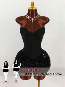 SHEIN Tall CURVE Plus Size Solid Color Sequin Patchwork Sleeveless Bodycon Dress - Black - View 1