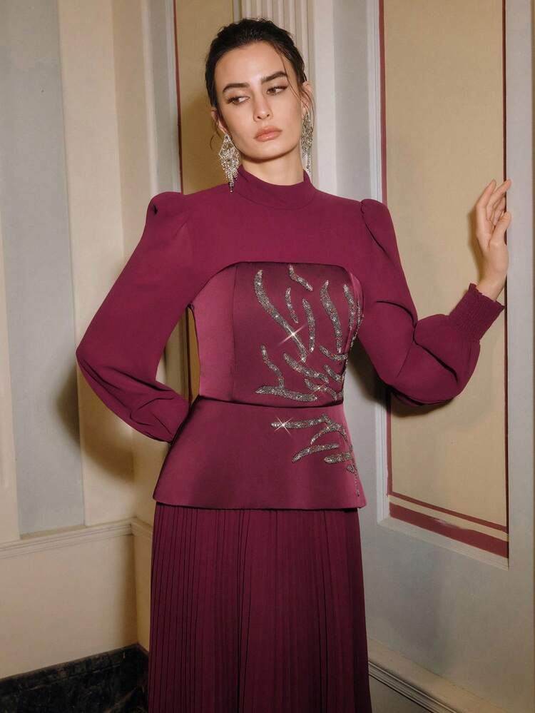 Robe longue élégante et pour femmes, col rond 2 en 1 avec strass et plissé. Robe de soirée pailletée, élégante, pour mariage, fête, Nouvel An, printemps, été, Saint-Valentin, carnaval