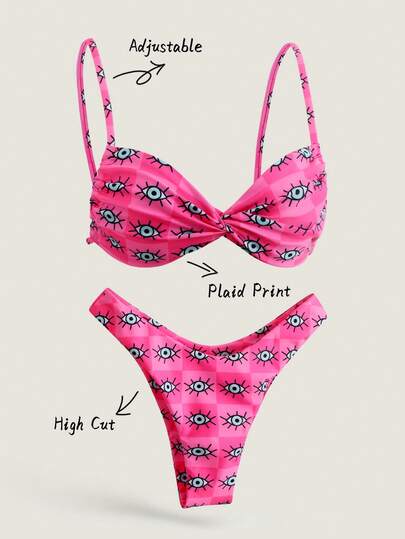 Elavelle 女士性感吊带随机印花扭结比基尼泳装套装，年轻可爱，夏季沙滩装