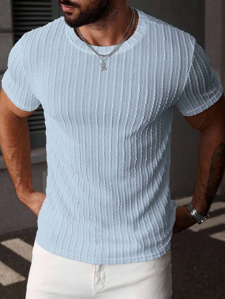 SLATEMANN Camiseta casual de cuello redondo de manga corta de unicolor para hombre, verano - Azul cielo - Ver 1