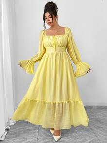 Elenzga Plus Size Women's Elegant Yellow Autumn Maxi Dress,Bow Tie Chest Mesh Patchwork Ruffle Hem Long Sleeve Gathered Waist A-Line Vacation Holiday Dress - Light Yellow - View 5