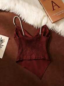 Franclia 酒红色仿珍珠吊带不对称性感吊带背心，夏季 - 酒紅色 - 查看 2