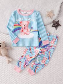 SHEIN 2pcs Baby Girls Snug Fit Long Sleeve Crew Neck Top And Long Pants Homewear Set, Knitted Fabric, Cute Bear Print, Comfortable And Soft - Blue - View 3