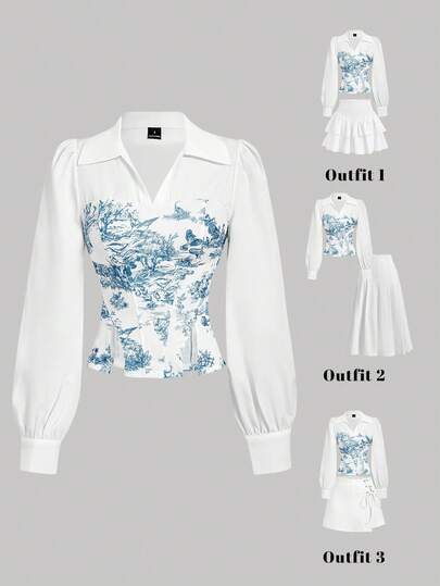 SHEIN MOD Women's Floral Print Bubble Long Sleeve Fitted Blouse, Spring/Summer, Valentines Day Outfit, Carnival Women, Retro, Elegant Blouses For Ladies, Going Out Top, Vacation Outfits Women, Business Casual Shirt, Floral Blouse, White&Blue Blouses, Festival & Birthday Wear, Royal, 2 In1, Stylish Design, Office Outfit, Tea Party Tops With Long Sleeves Toile Print Blouse