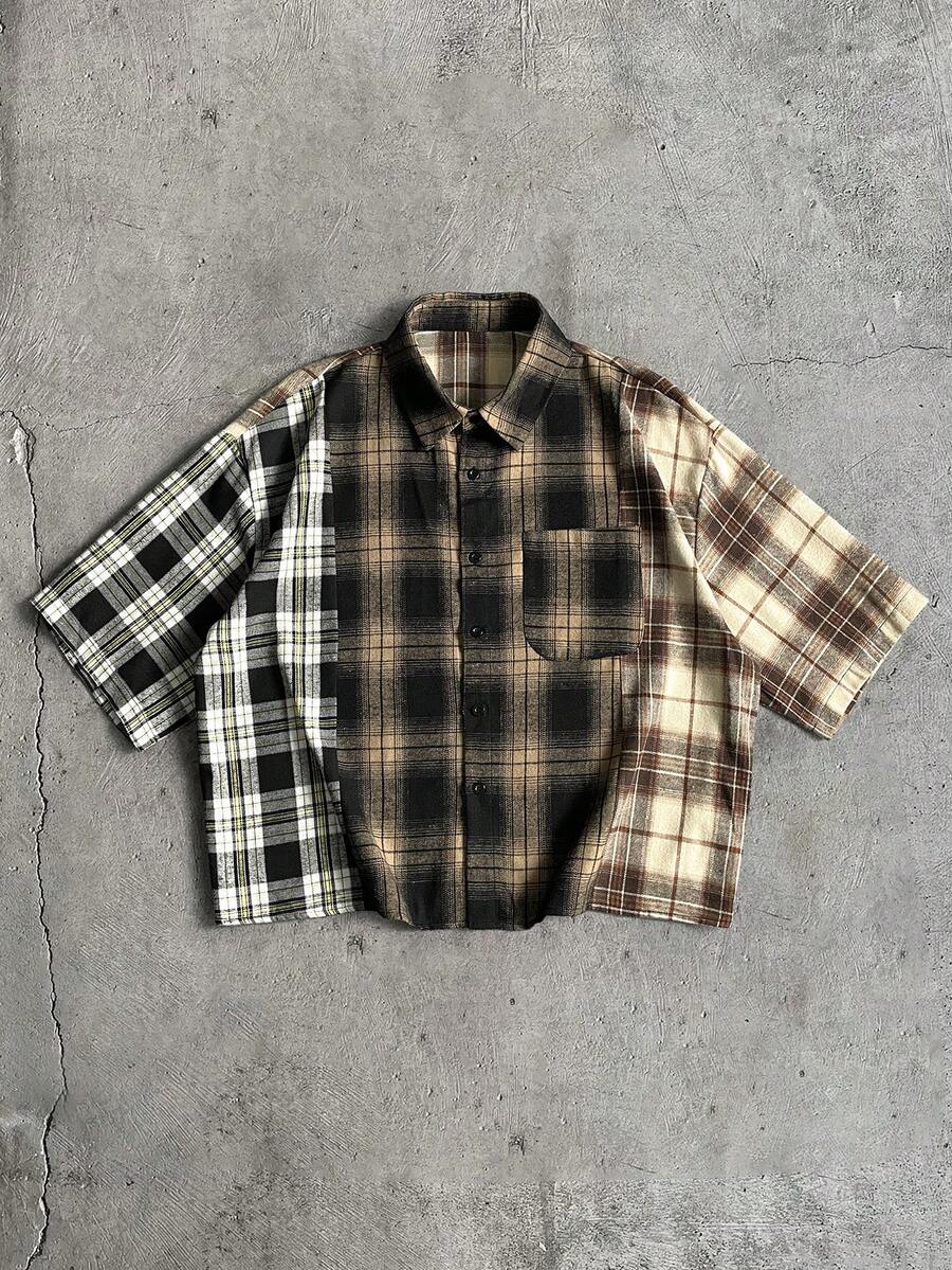 AXEPEAK 男士格子短袖单排扣休闲口袋衬衫 短袖格子衬衫 男士衬衫 街头服饰 街头风纽扣格子衬衫 男士格子短袖衬衫 混色格子衬衫 宽松衬衫 男士格子衬衫 短袖衬衫 - 彩色 - 查看 1