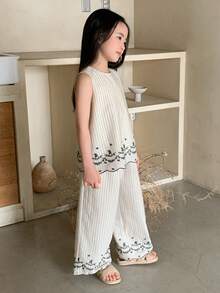 DAZY 两件套女童条纹无袖上衣和阔腿裤套装，秋季穿搭 - 杏色 - 查看 4