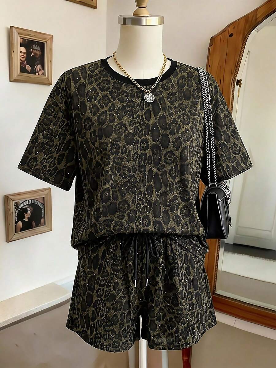 Lalippa Digital Leopard Muster Lässig Damen Rundhals T-Shirt & Sport Set, Geschenk für Freunde